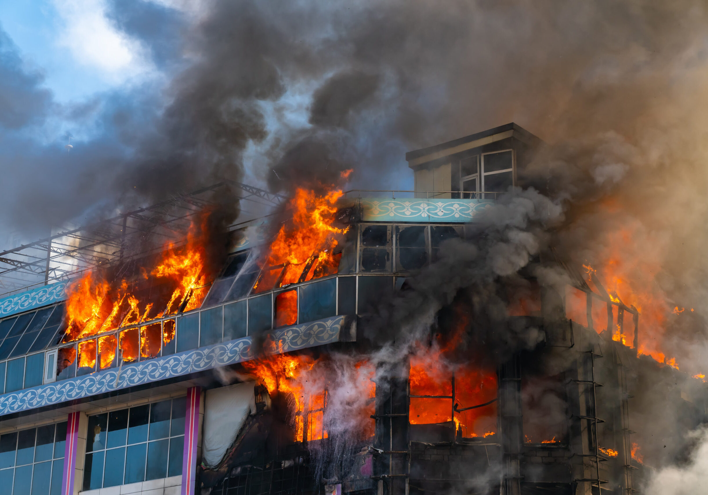 Burning building in thick smoke